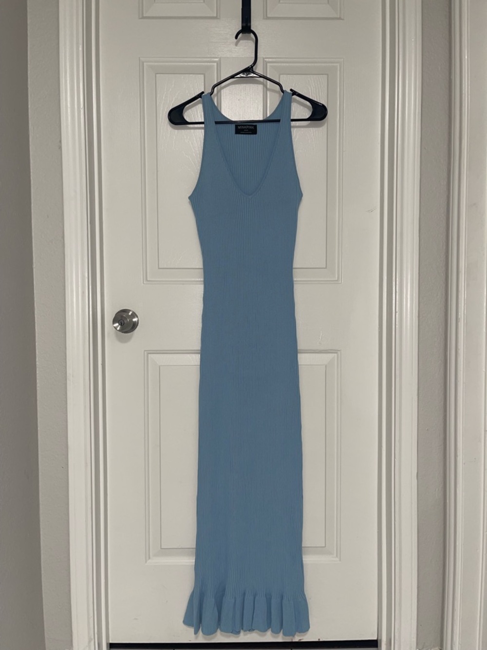 MINKPINK Sky Blue Ribbed Maxi Dress with Ruffle Hem